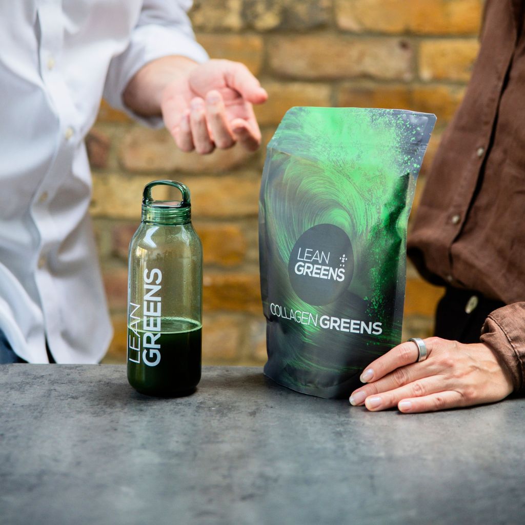 Collagen Greens pack and bottle on counter